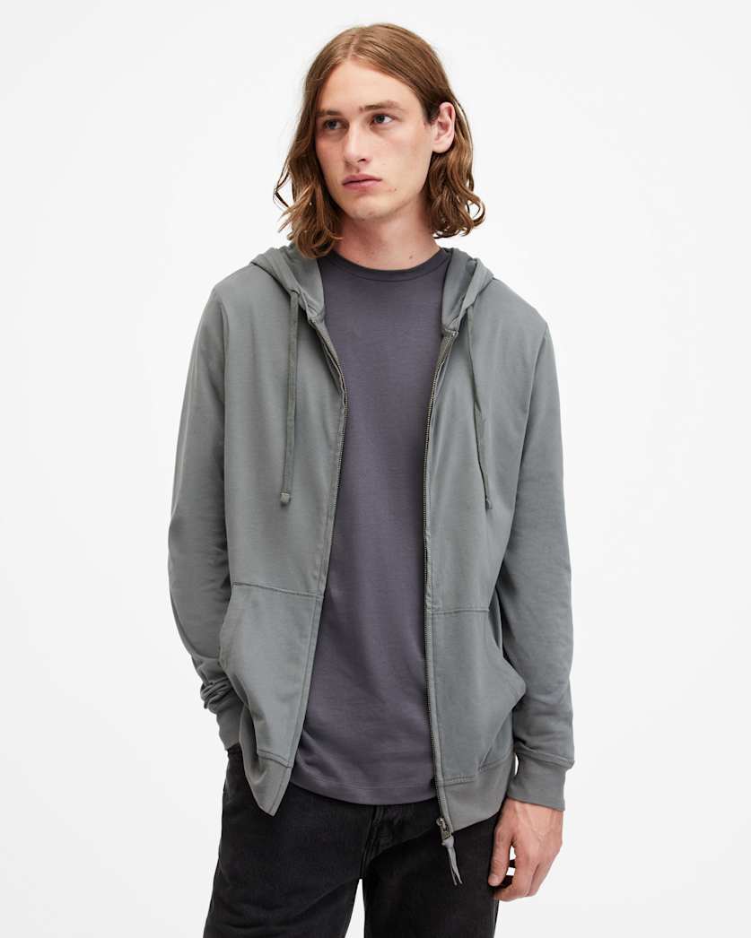 all saints Brace Zip Up Brushed Cotton Ramskull Hoodie RAIN GREY