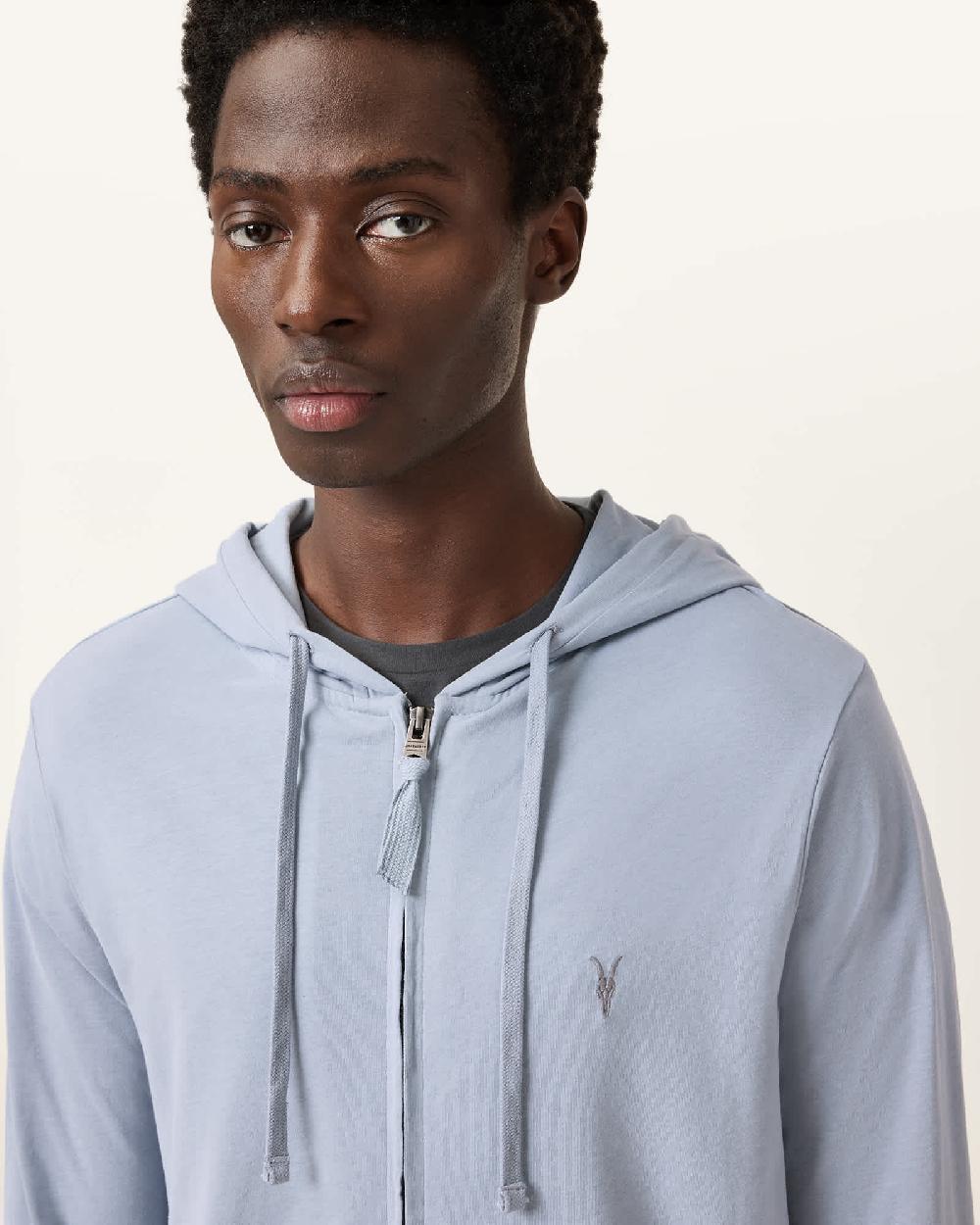 All Saints Brace Zip Up Brushed Cotton Ramskull Hoodie Willow Blue