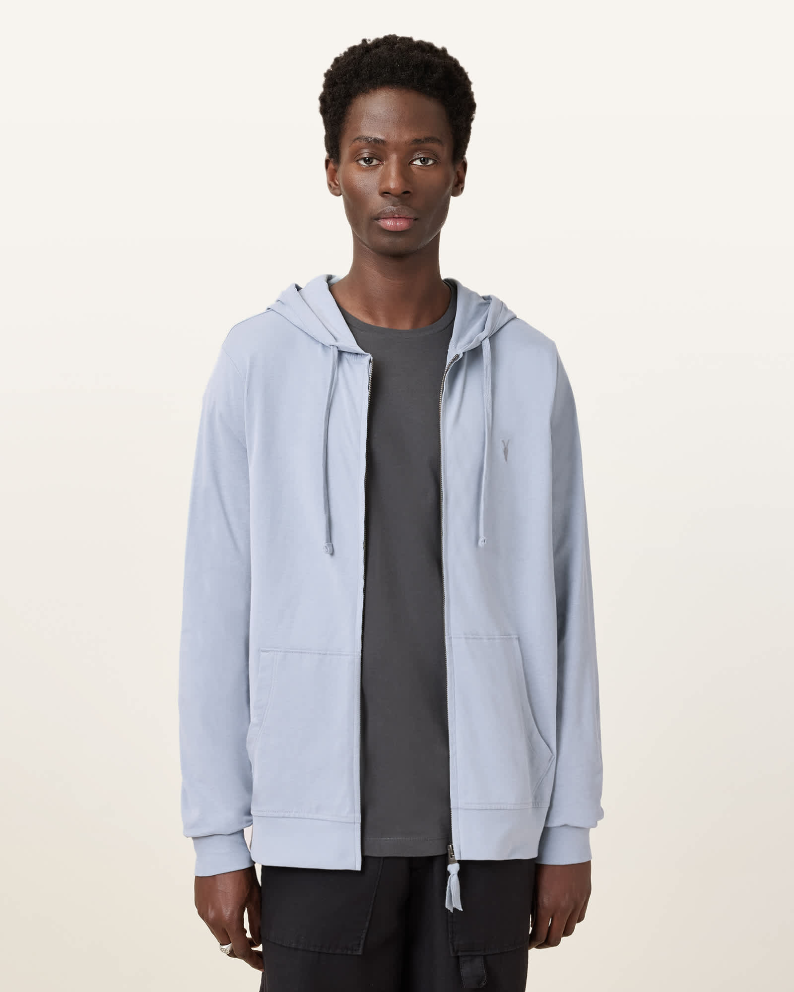 All Saints Brace Zip Up Brushed Cotton Ramskull Hoodie Willow Blue