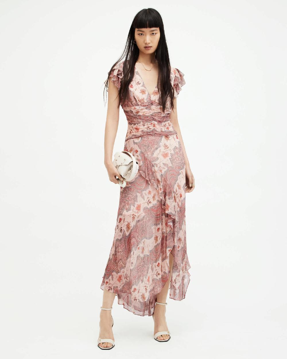 All Saints Brea Floral Print Cascade Maxi Dress Clay Pink