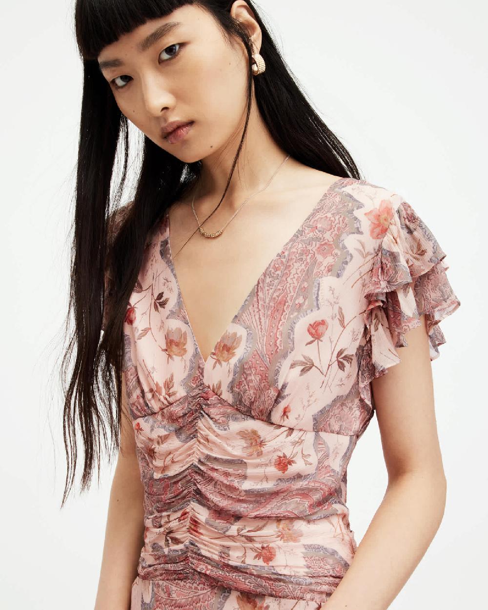 All Saints Brea Floral Print Cascade Maxi Dress Clay Pink