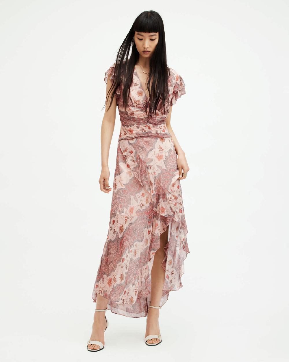 All Saints Brea Floral Print Cascade Maxi Dress Clay Pink