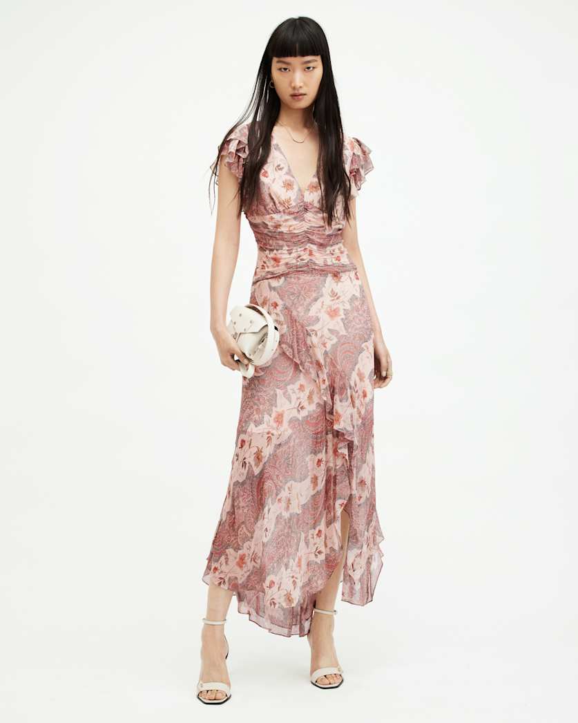 all saints Brea Floral Print Cascade Maxi Dress Clay Pink