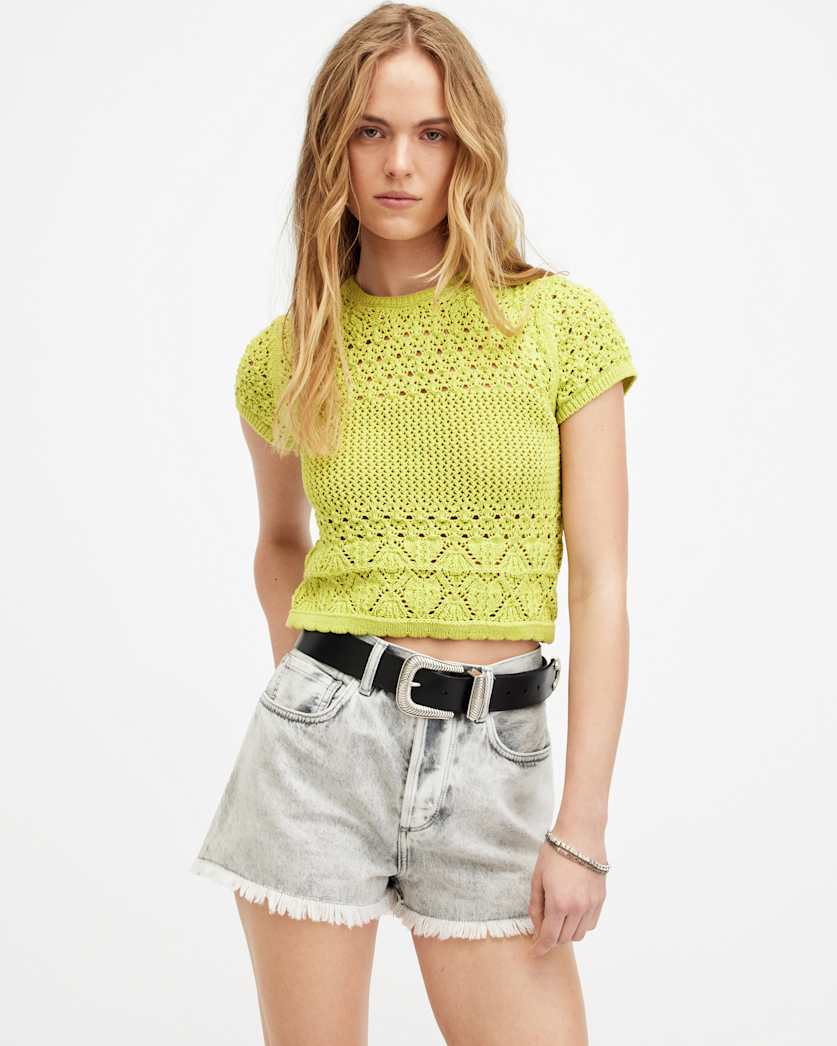 all saints Briar Crochet Knitted Slim Fit Top ZEST LIME GREEN