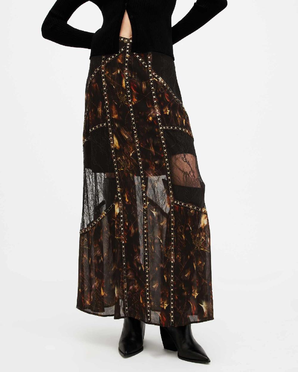 All Saints Bryn Embellished Panelled Maxi Skirt Kateri Black