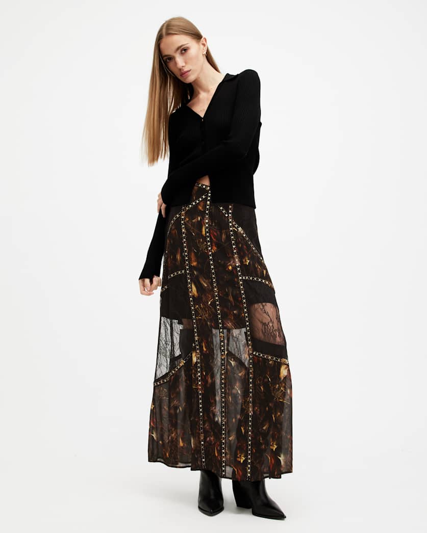 all saints Bryn Embellished Panelled Maxi Skirt Kateri Black