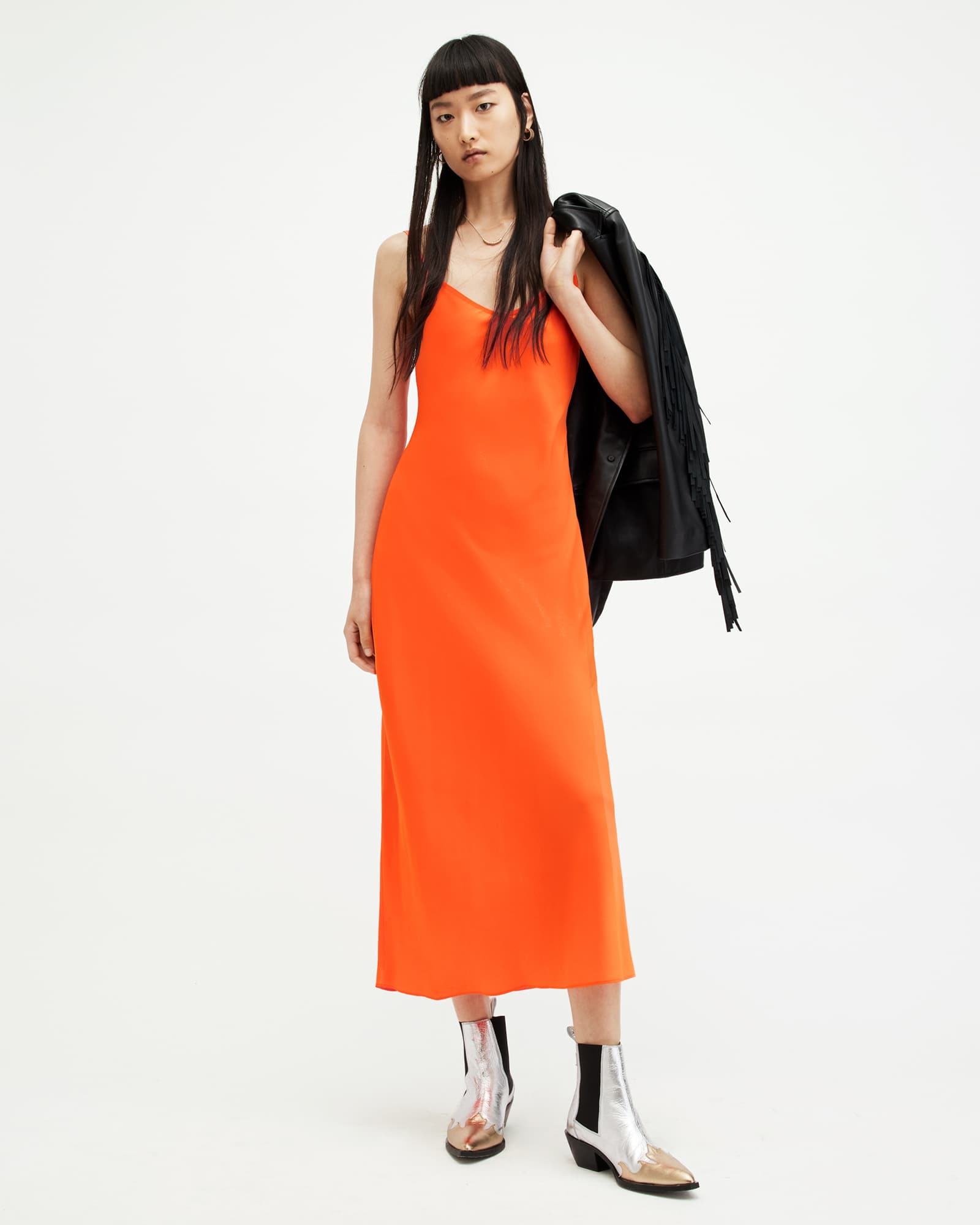 All Saints Bryony Slim Fit V-Neck Midi Slip Dress Zesty Orange