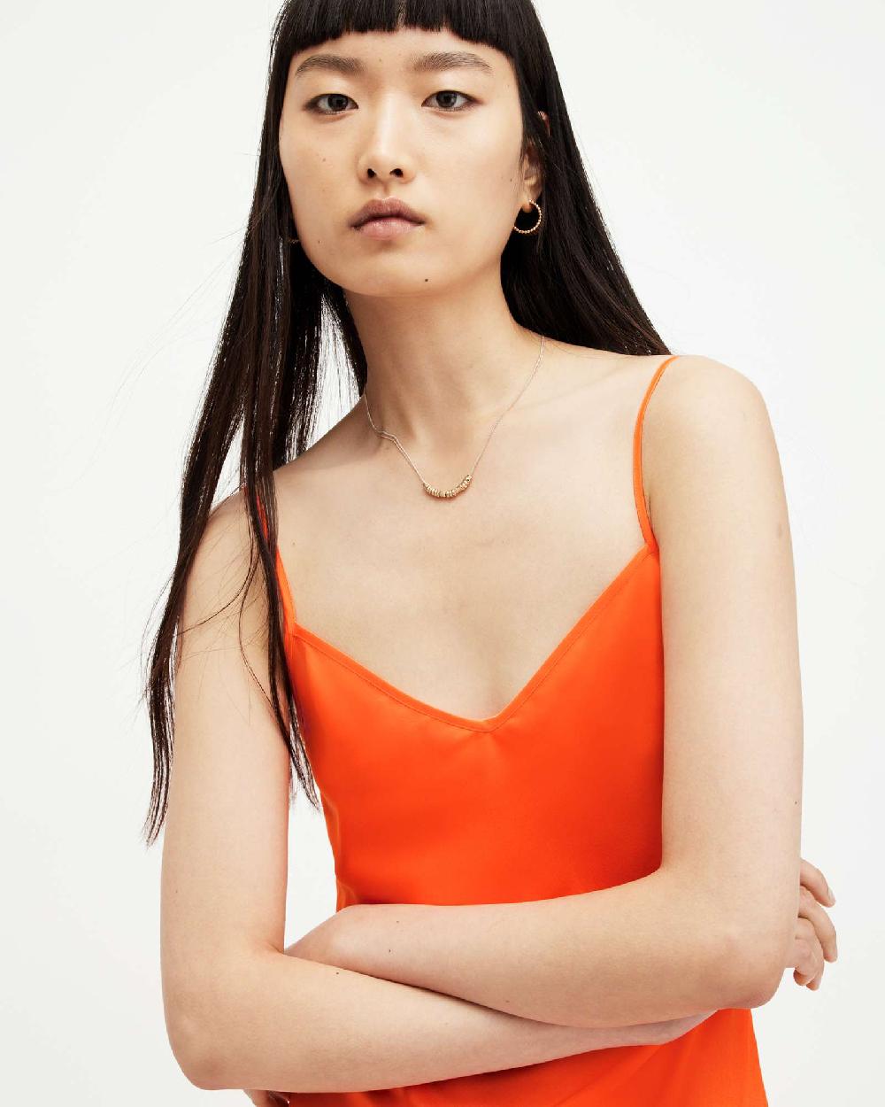 All Saints Bryony Slim Fit V-Neck Midi Slip Dress Zesty Orange