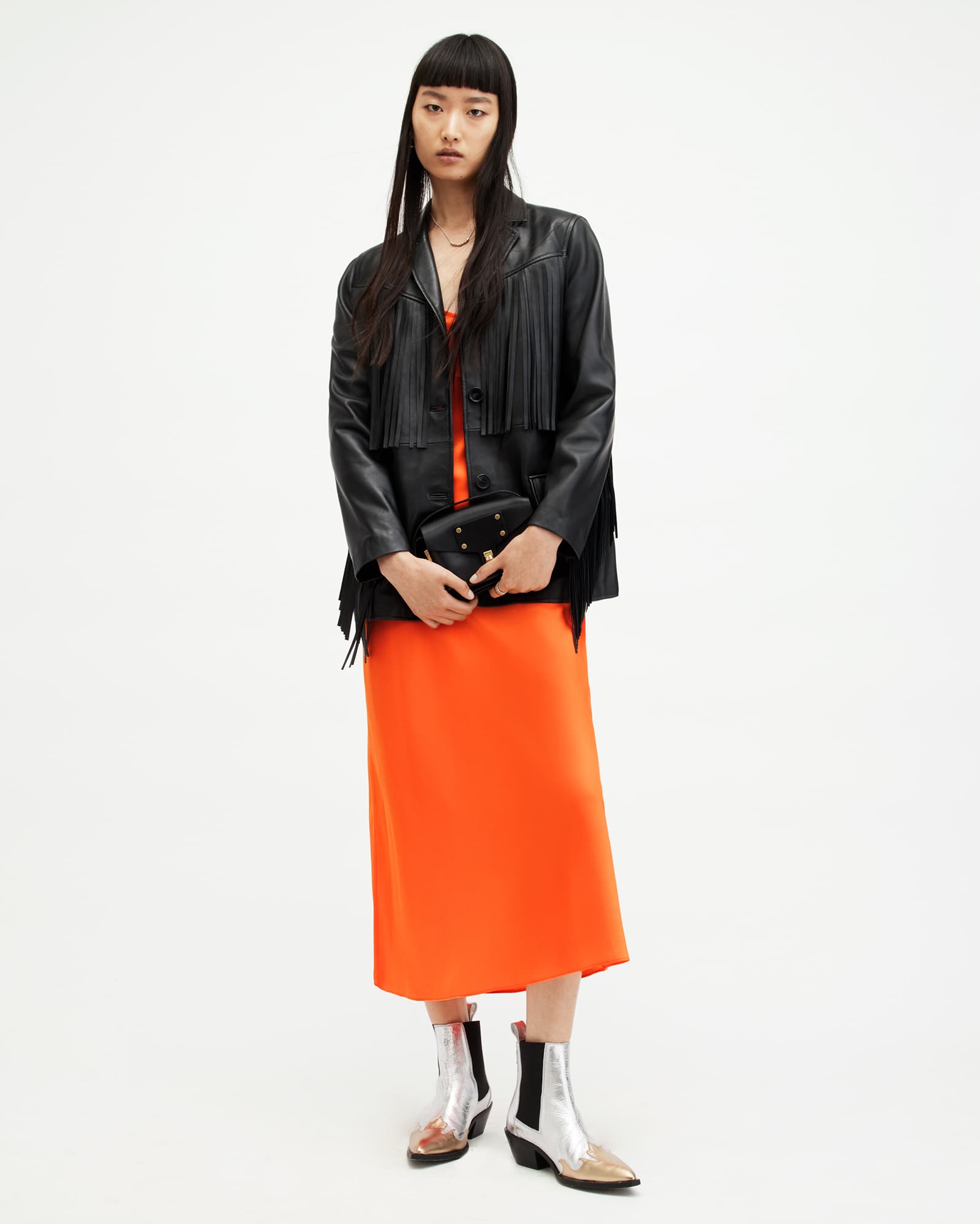 All Saints Bryony Slim Fit V-Neck Midi Slip Dress Zesty Orange