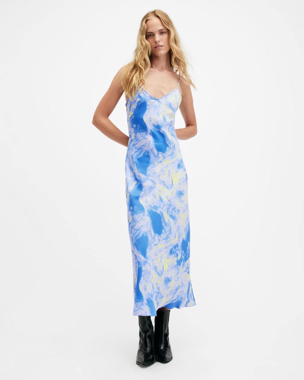 All Saints Bryony Spiral Print Midi Slip Dress Violet Blue