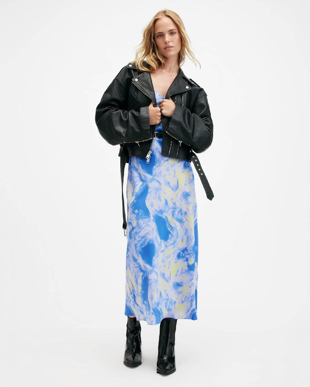 All Saints Bryony Spiral Print Midi Slip Dress Violet Blue