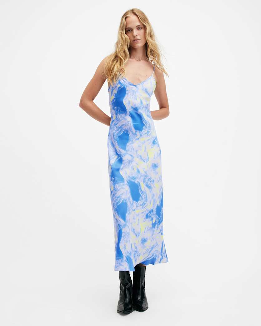 all saints Bryony Spiral Print Midi Slip Dress Violet Blue
