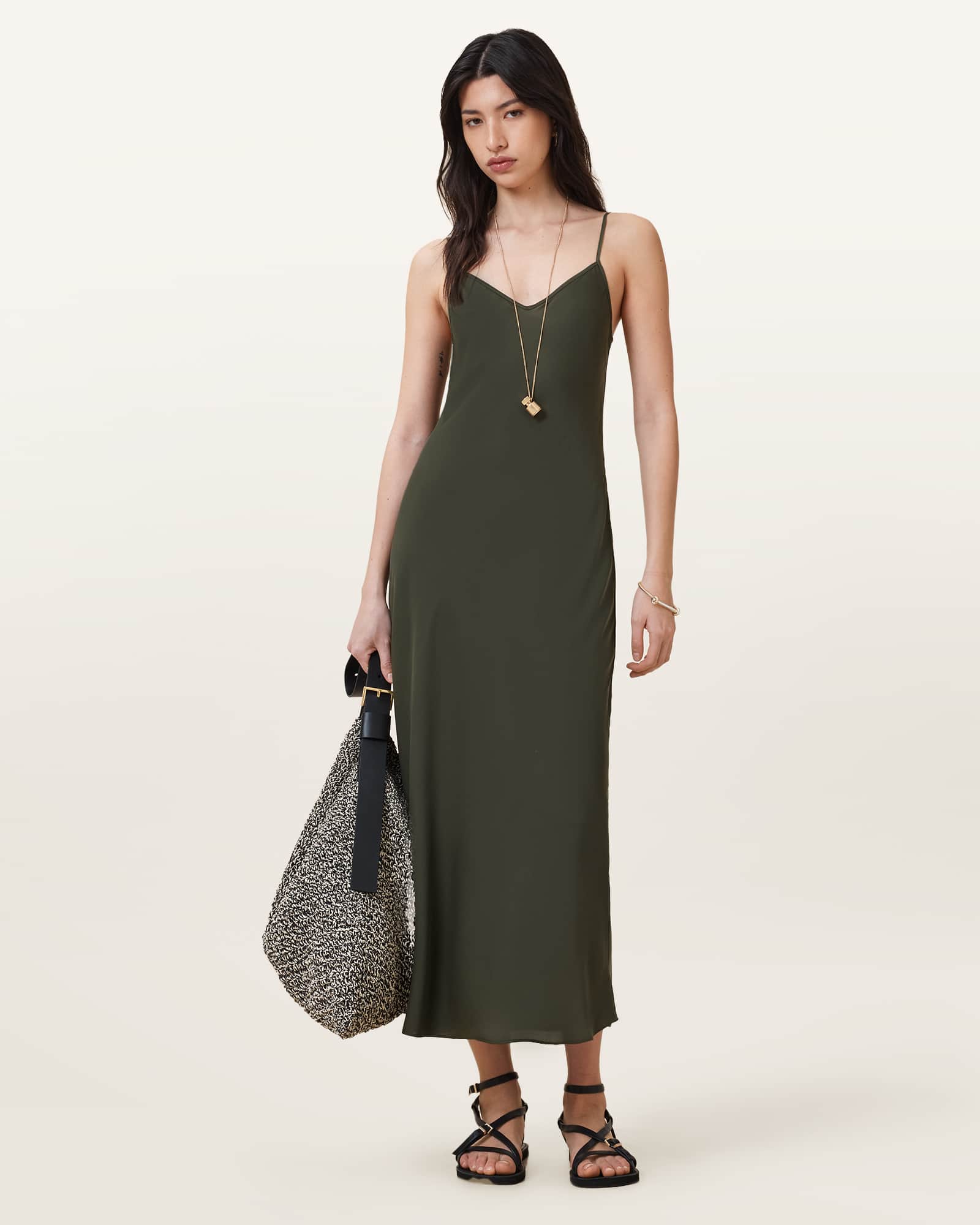 All Saints Bryony V-Neck Midi Slip Dress Rifle Green