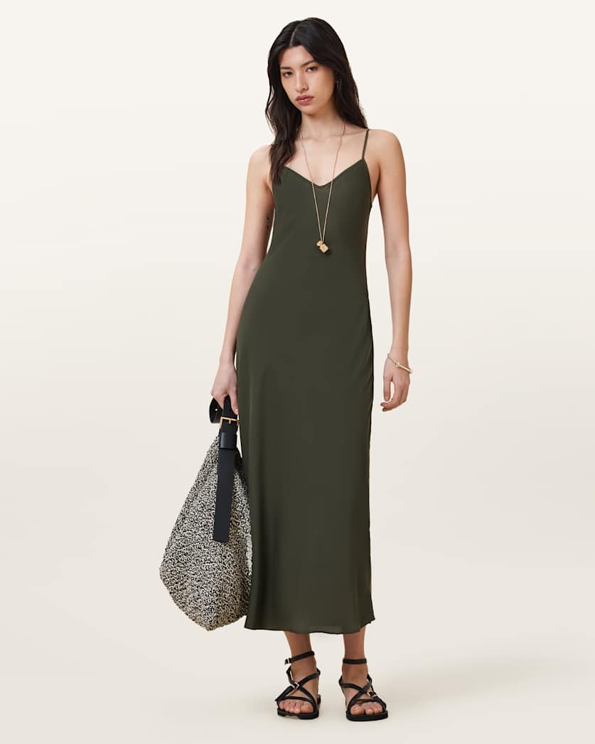 all saints Bryony V-Neck Midi Slip Dress Rifle Green