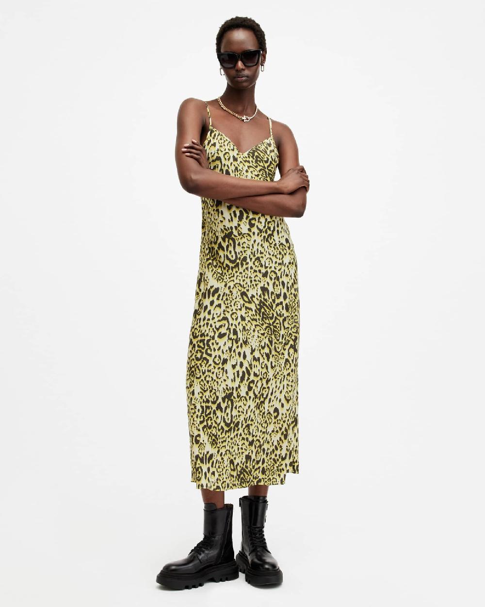 All Saints Bryony V-Neck Midi Slip Dress Teresa Lime Green