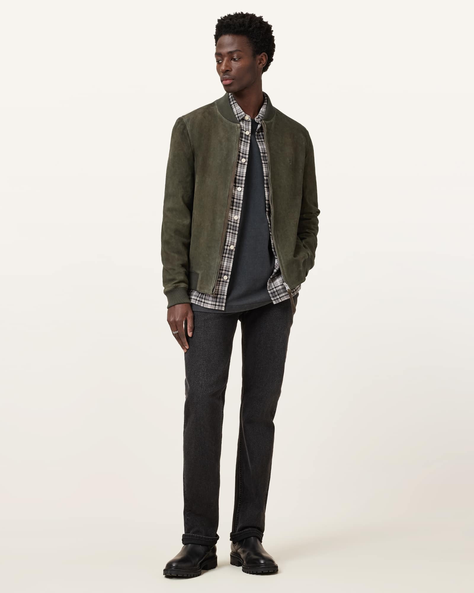All Saints Buckley Suede Bomber Jacket Military Green
