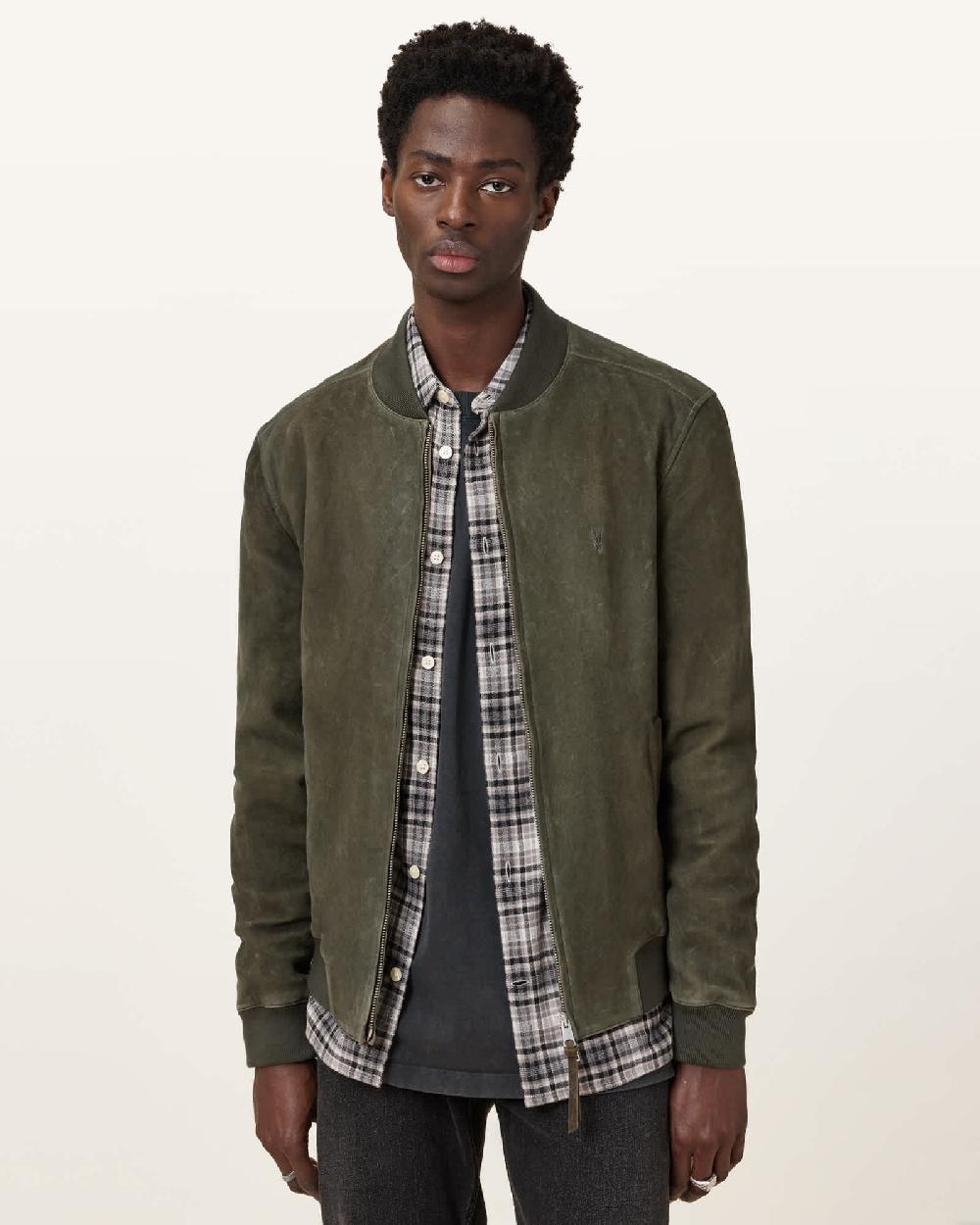 All Saints Buckley Suede Bomber Jacket Military Green