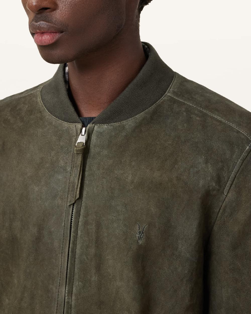All Saints Buckley Suede Bomber Jacket Military Green