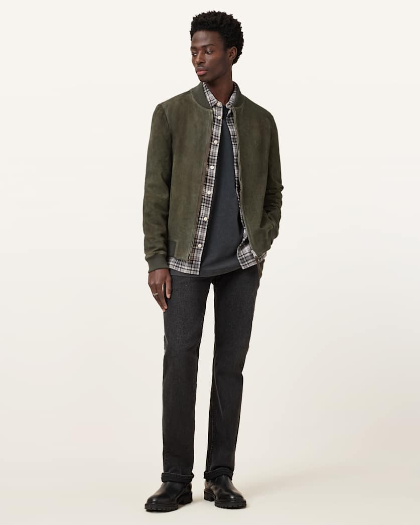 all saints Buckley Suede Bomber Jacket Military Green
