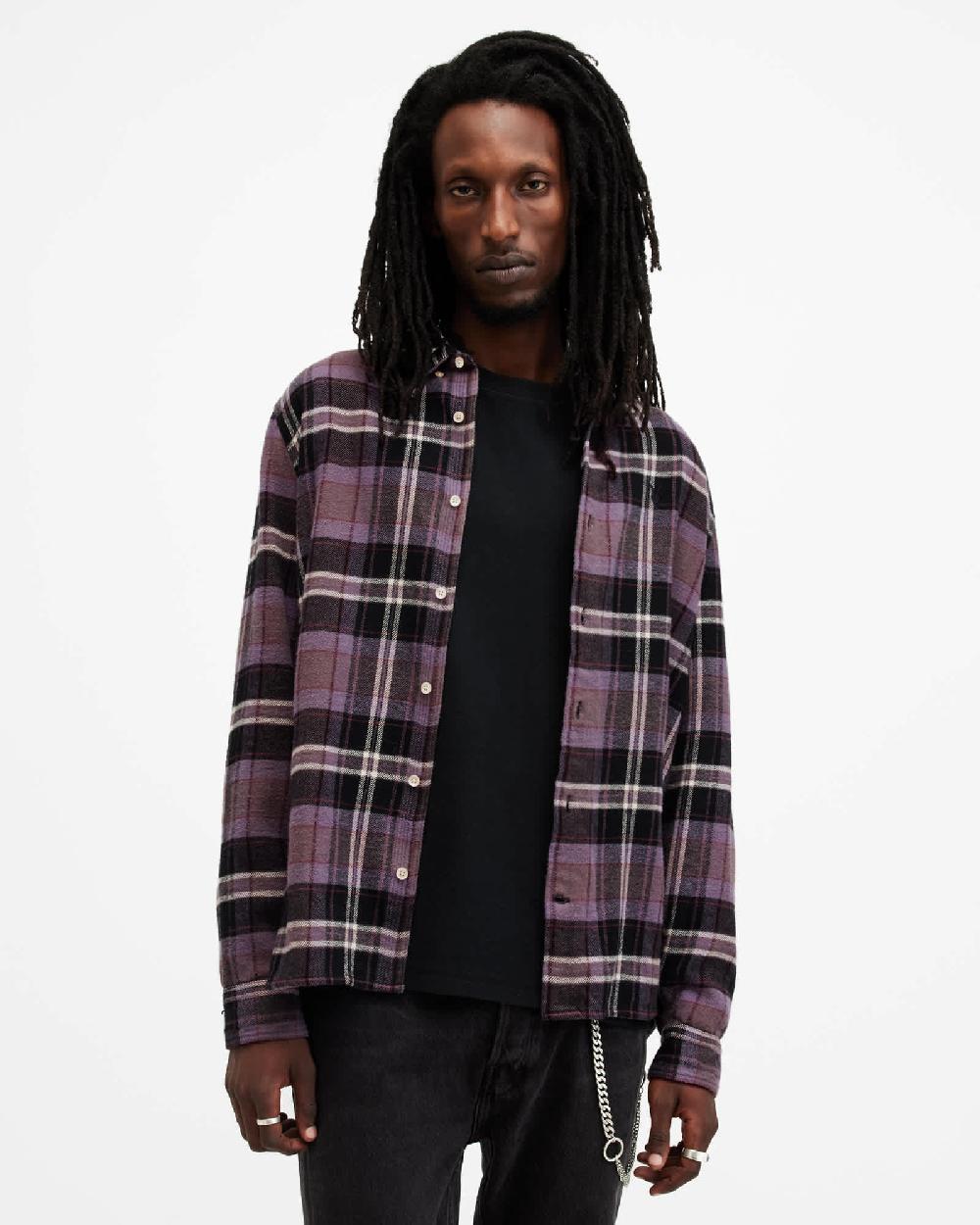 All Saints Buzzard Checked Relaxed Fit Ramskull Shirt Cosmic Purple