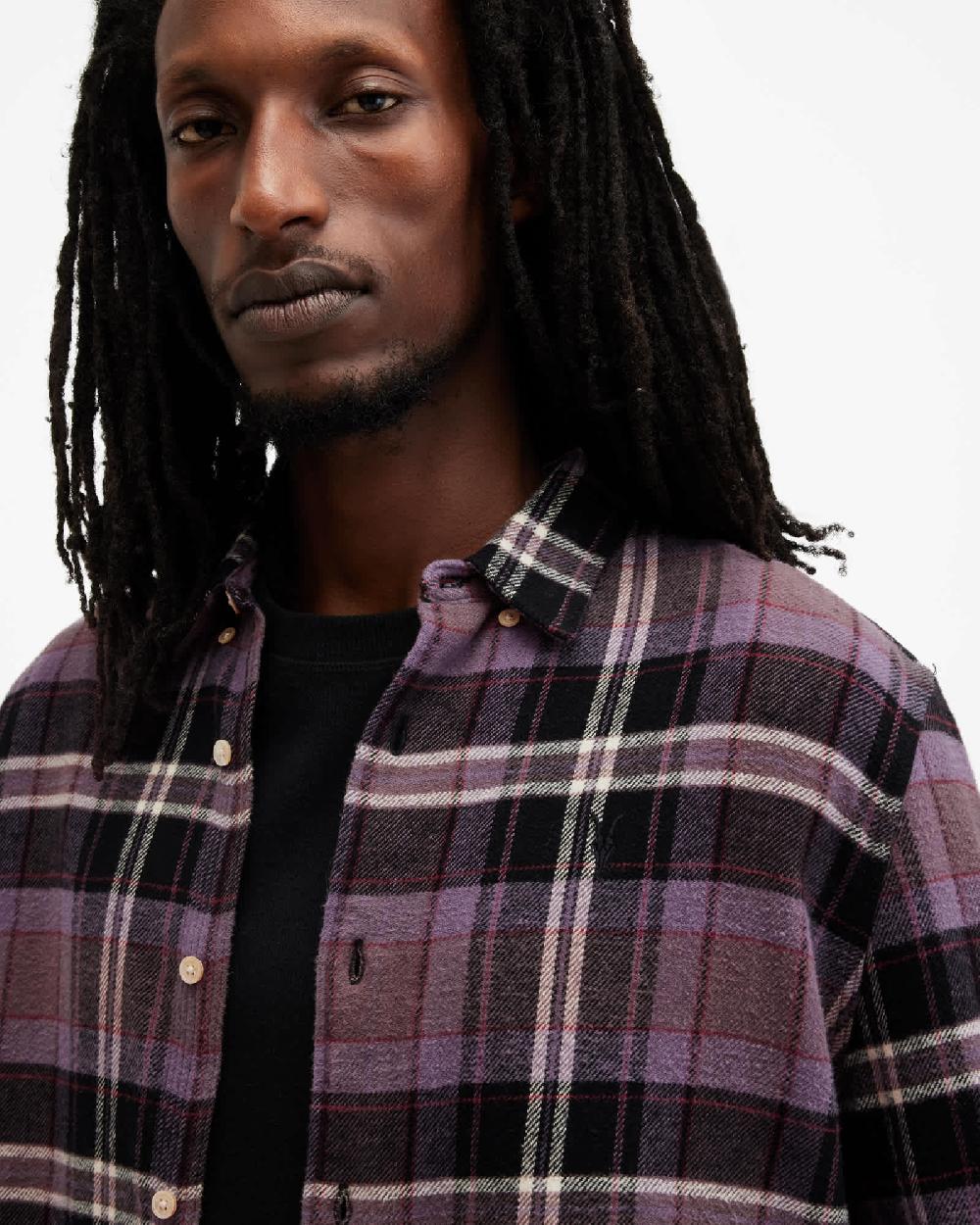 All Saints Buzzard Checked Relaxed Fit Ramskull Shirt Cosmic Purple