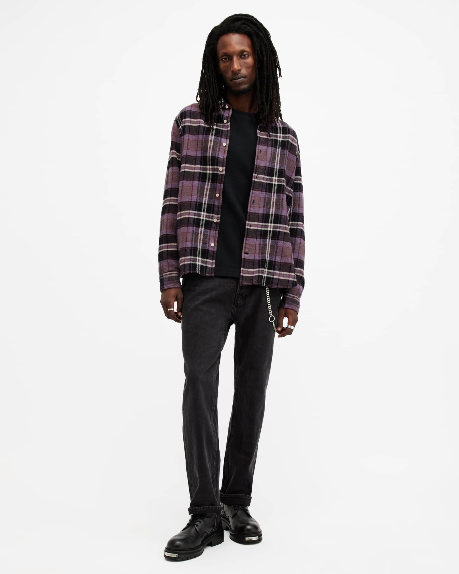 All Saints Buzzard Checked Relaxed Fit Ramskull Shirt Cosmic Purple