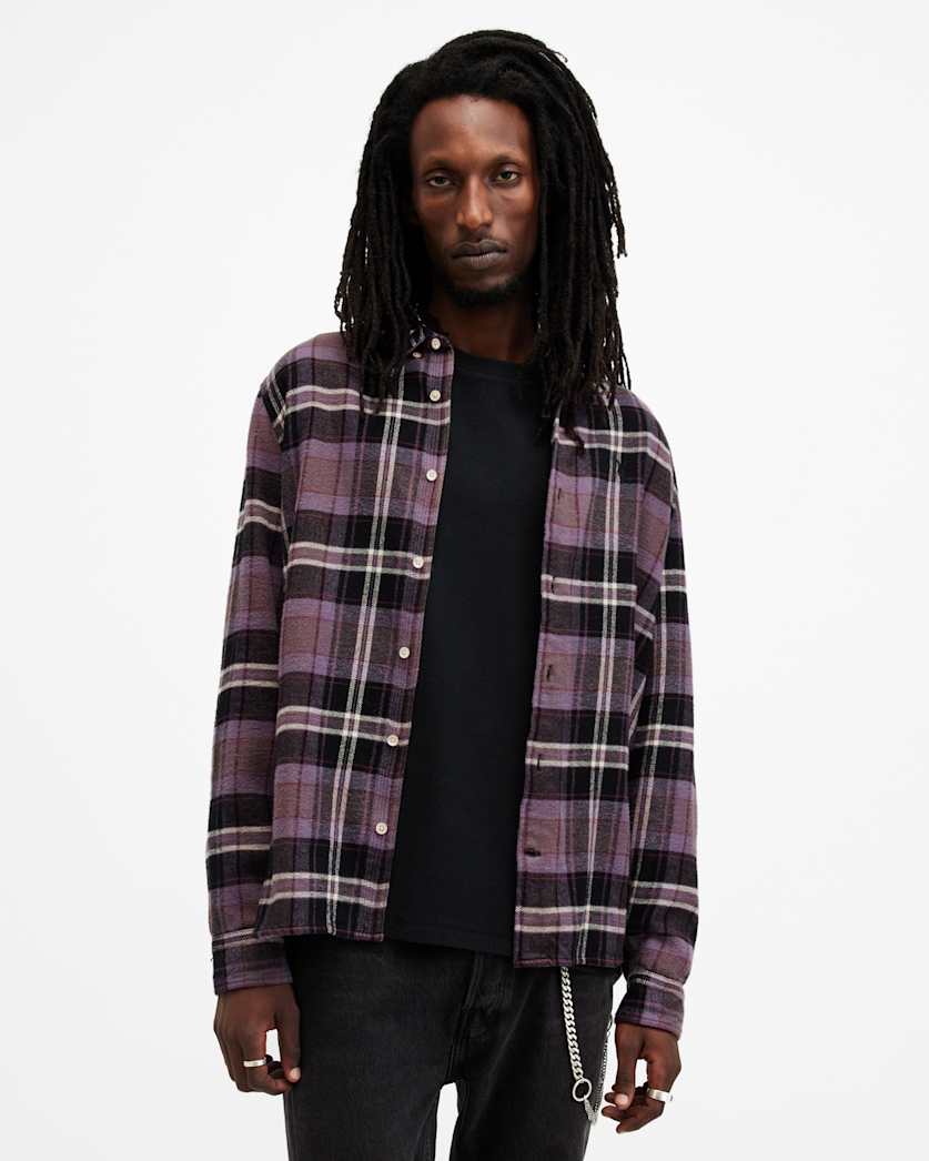all saints Buzzard Checked Relaxed Fit Ramskull Shirt Cosmic Purple