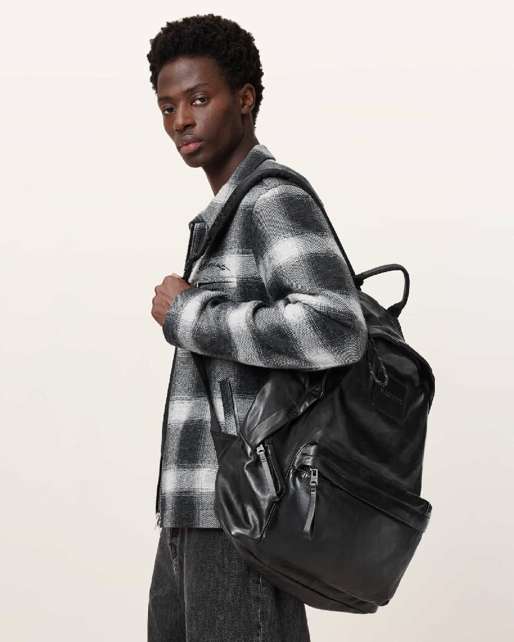 All Saints Carabiner Embossed Leather Backpack Black