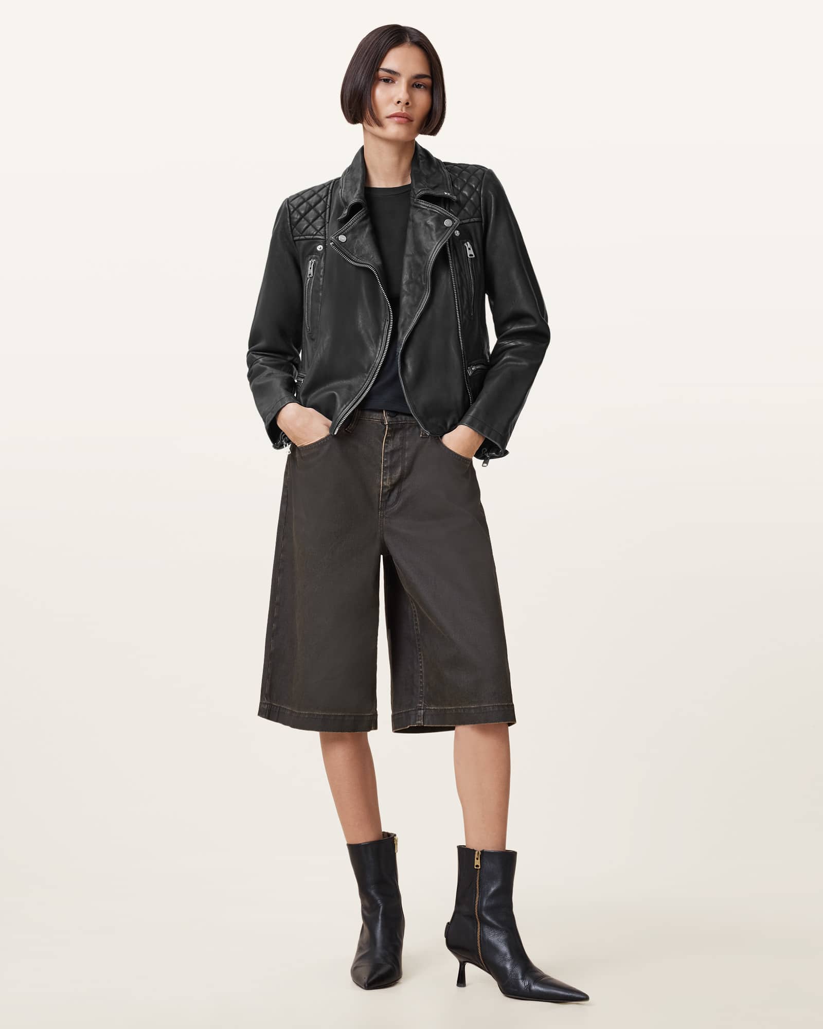 All Saints Cargo Distressed Leather Biker Jacket Black/Grey