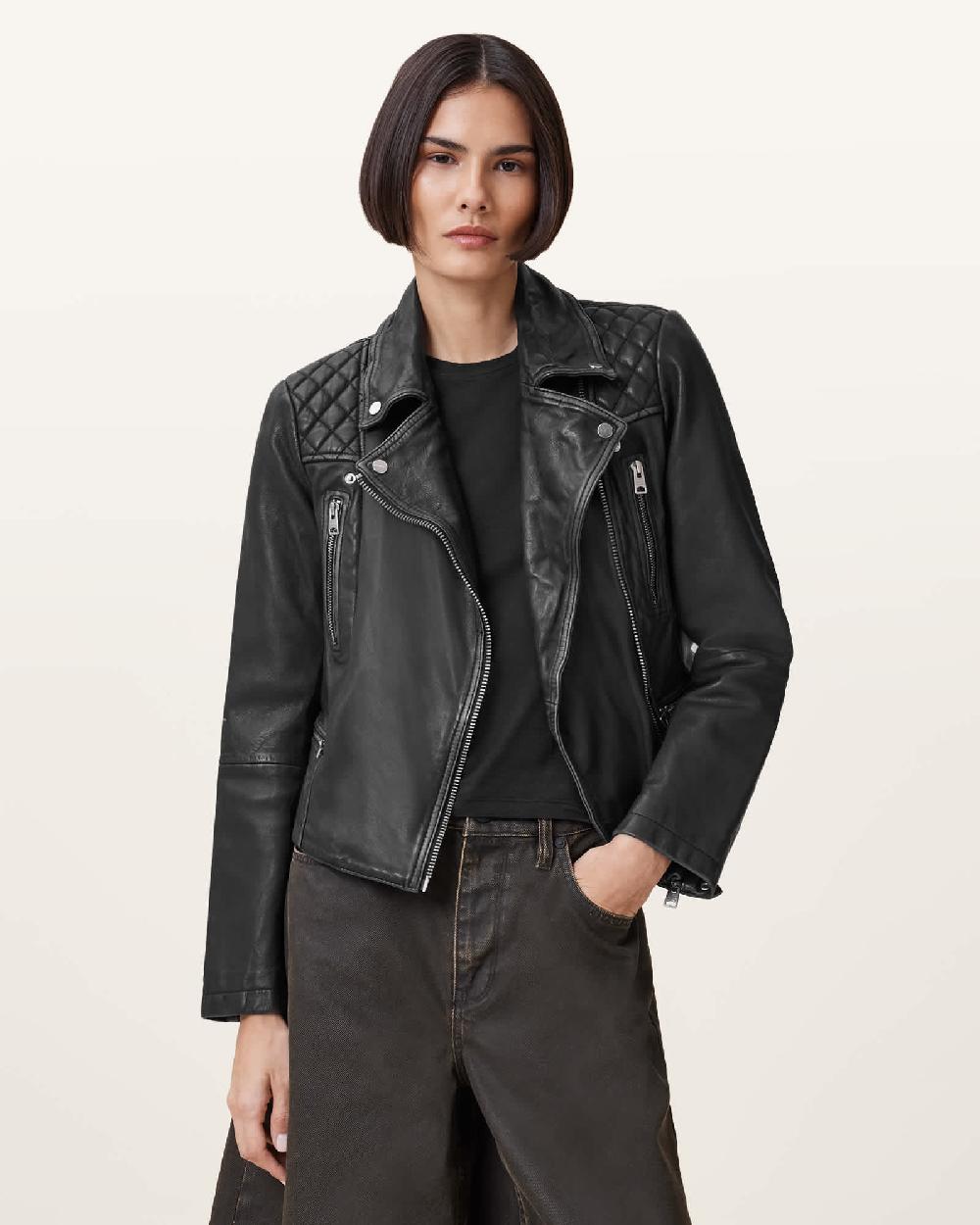 All Saints Cargo Distressed Leather Biker Jacket Black/Grey