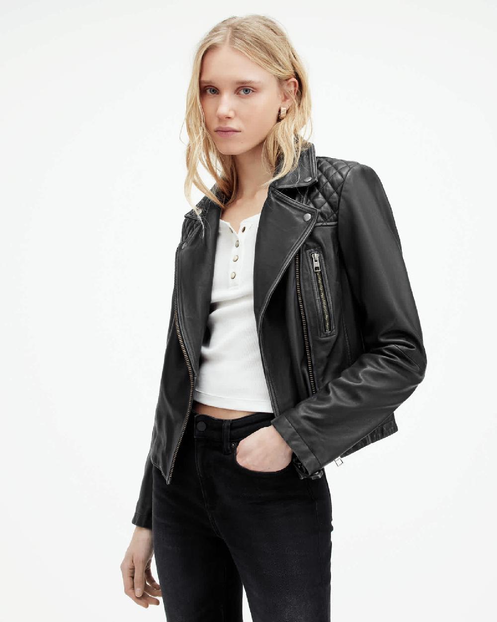 All Saints Cargo Distressed Leather Biker Jacket Black/Grey