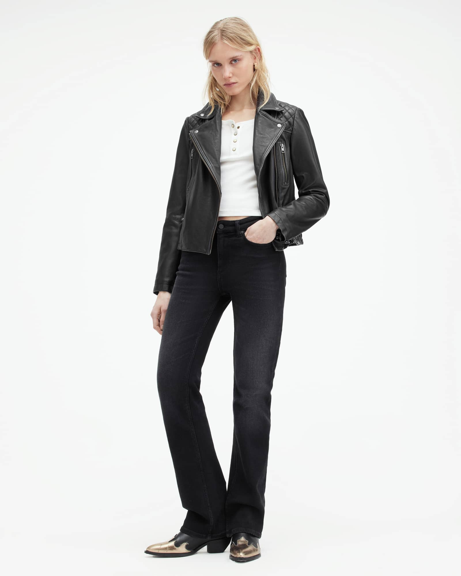 All Saints Cargo Distressed Leather Biker Jacket Black/Grey