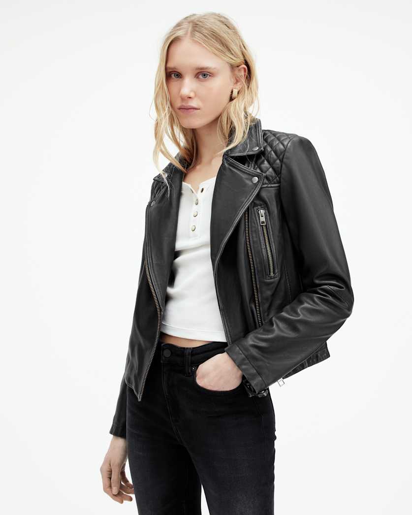 all saints Cargo Distressed Leather Biker Jacket Black/Grey