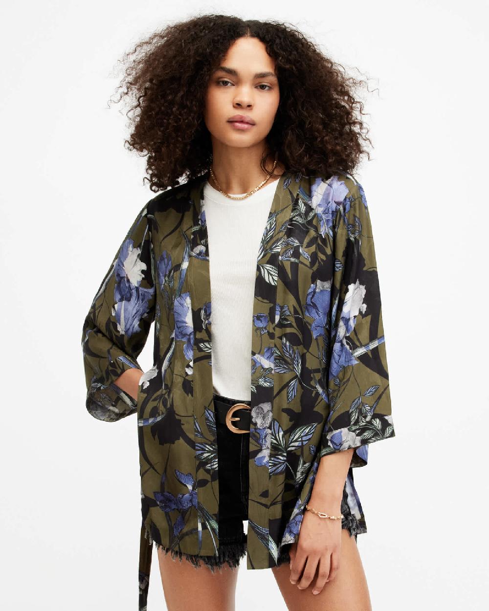 All Saints Carina Batu Floral Print Kimono Deep Khaki Green