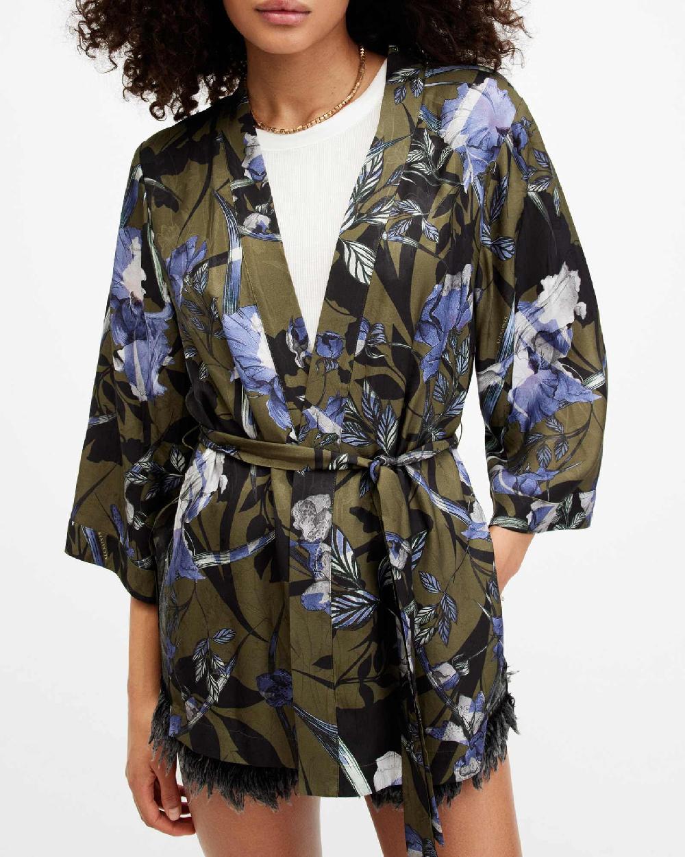 All Saints Carina Batu Floral Print Kimono Deep Khaki Green