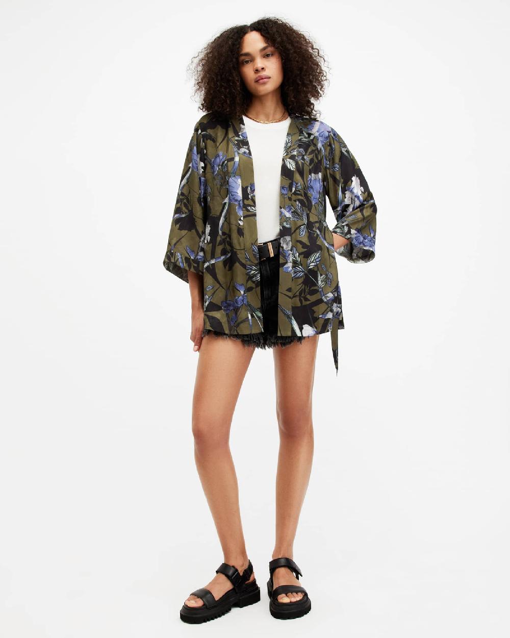 All Saints Carina Batu Floral Print Kimono Deep Khaki Green