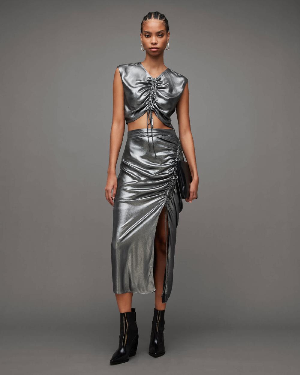 All Saints Carla Gathered Metallic Cropped Top Gunmetal Grey