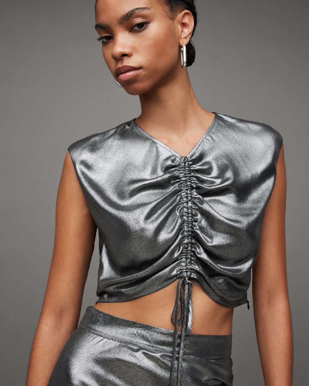All Saints Carla Gathered Metallic Cropped Top Gunmetal Grey