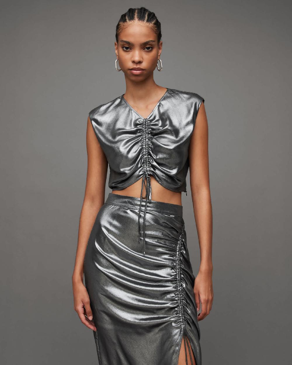 All Saints Carla Gathered Metallic Cropped Top Gunmetal Grey