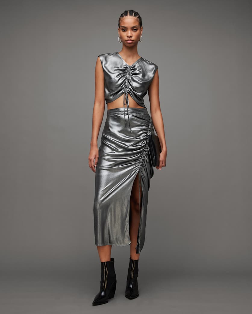 all saints Carla Gathered Metallic Cropped Top Gunmetal Grey