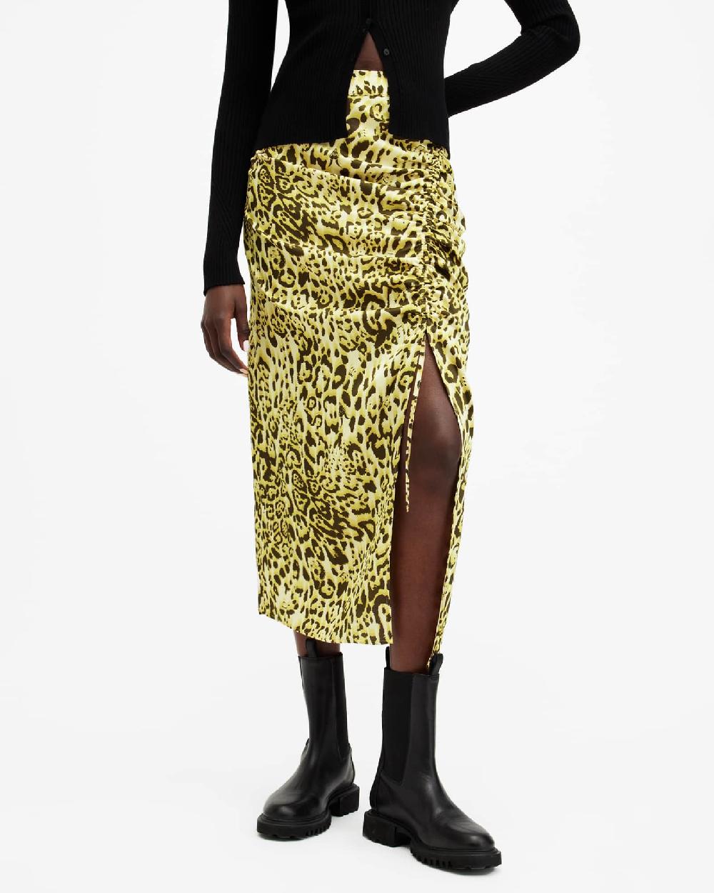 All Saints Carla Gathered Midi Skirt Teresa Lime Green