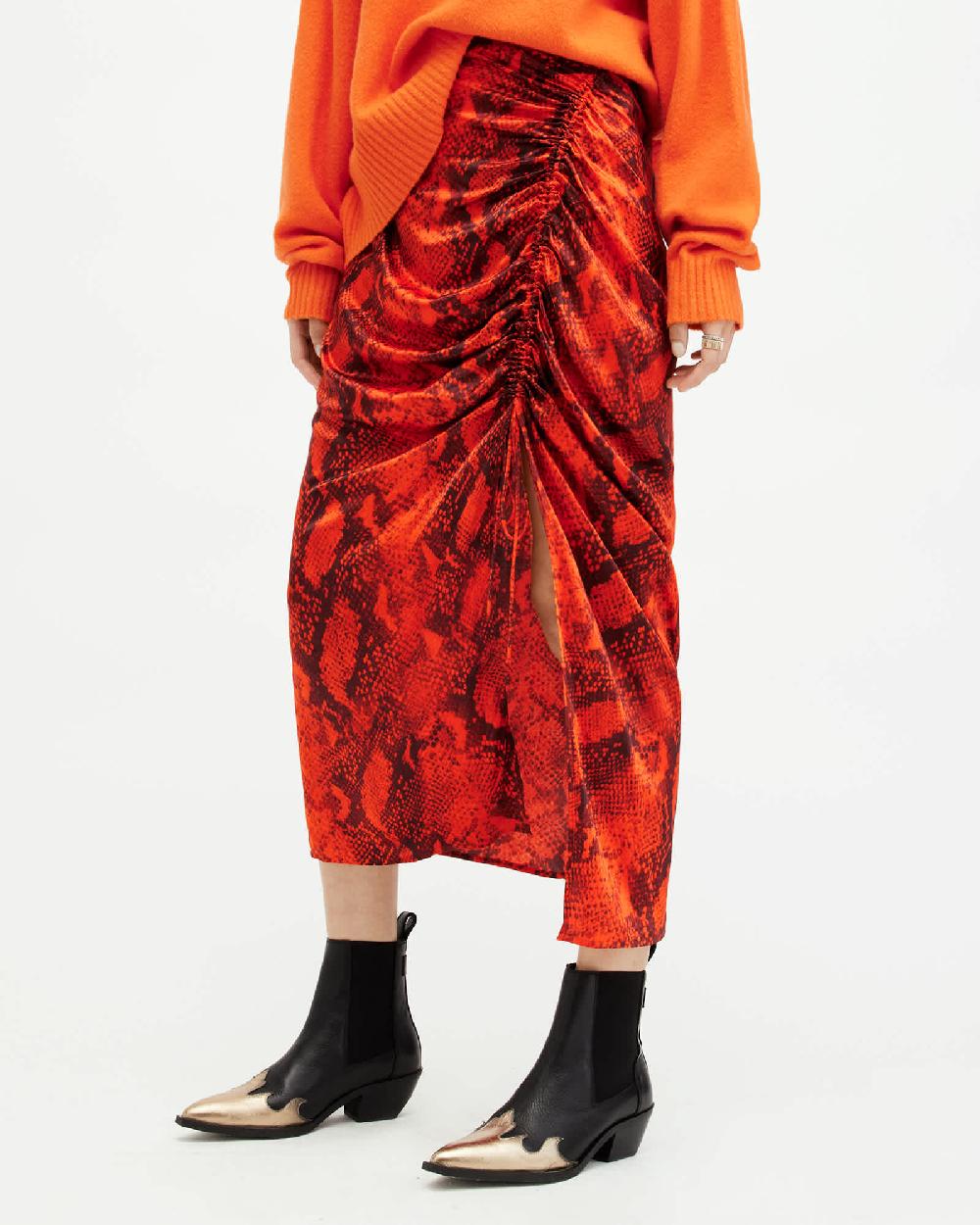 All Saints Carla Gathered Snake Print Midi Skirt Zesty Orange
