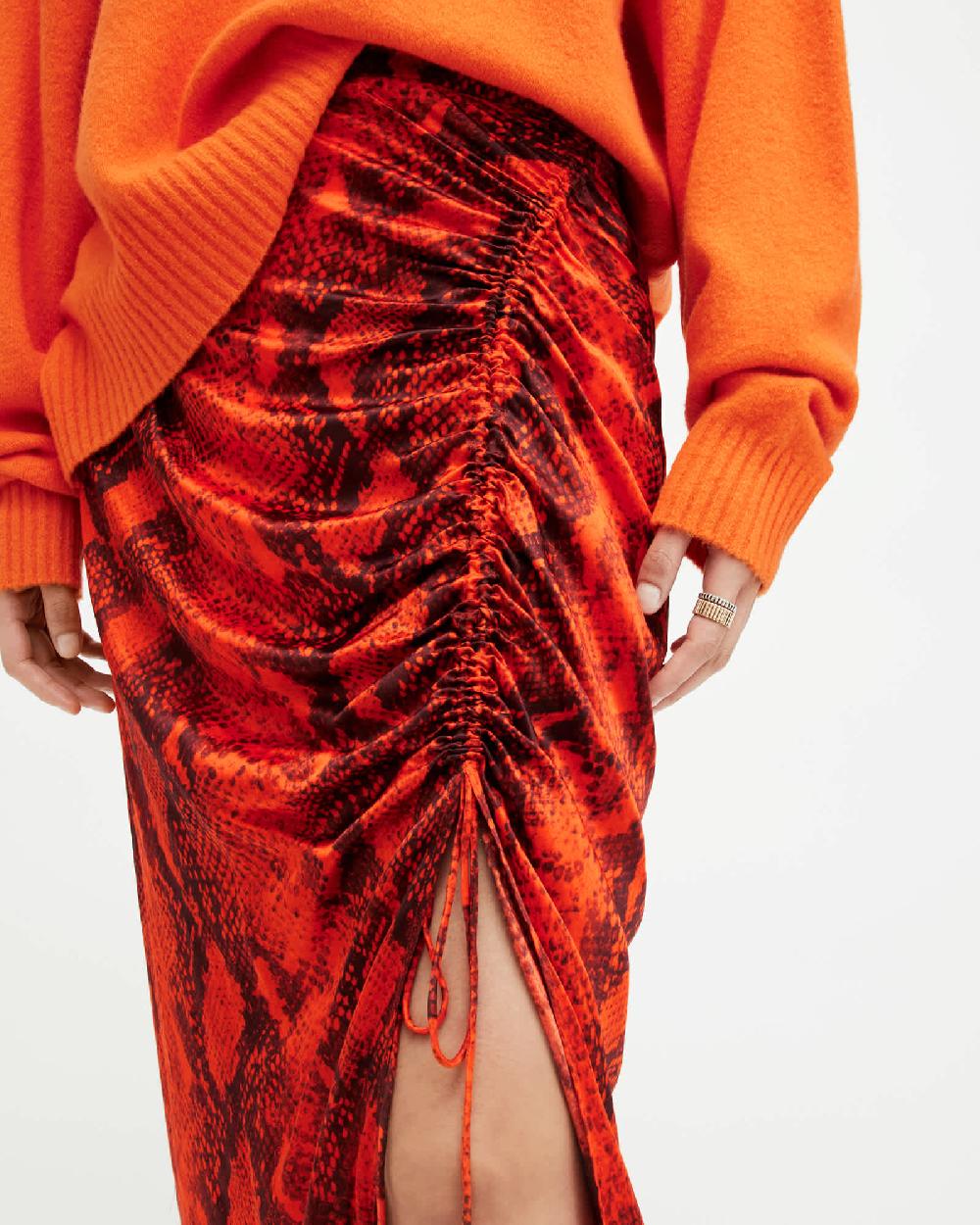 All Saints Carla Gathered Snake Print Midi Skirt Zesty Orange