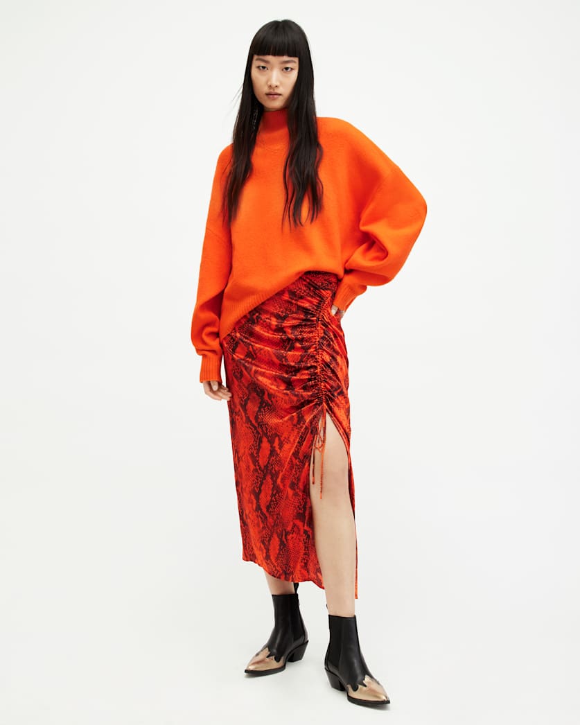 all saints Carla Gathered Snake Print Midi Skirt Zesty Orange