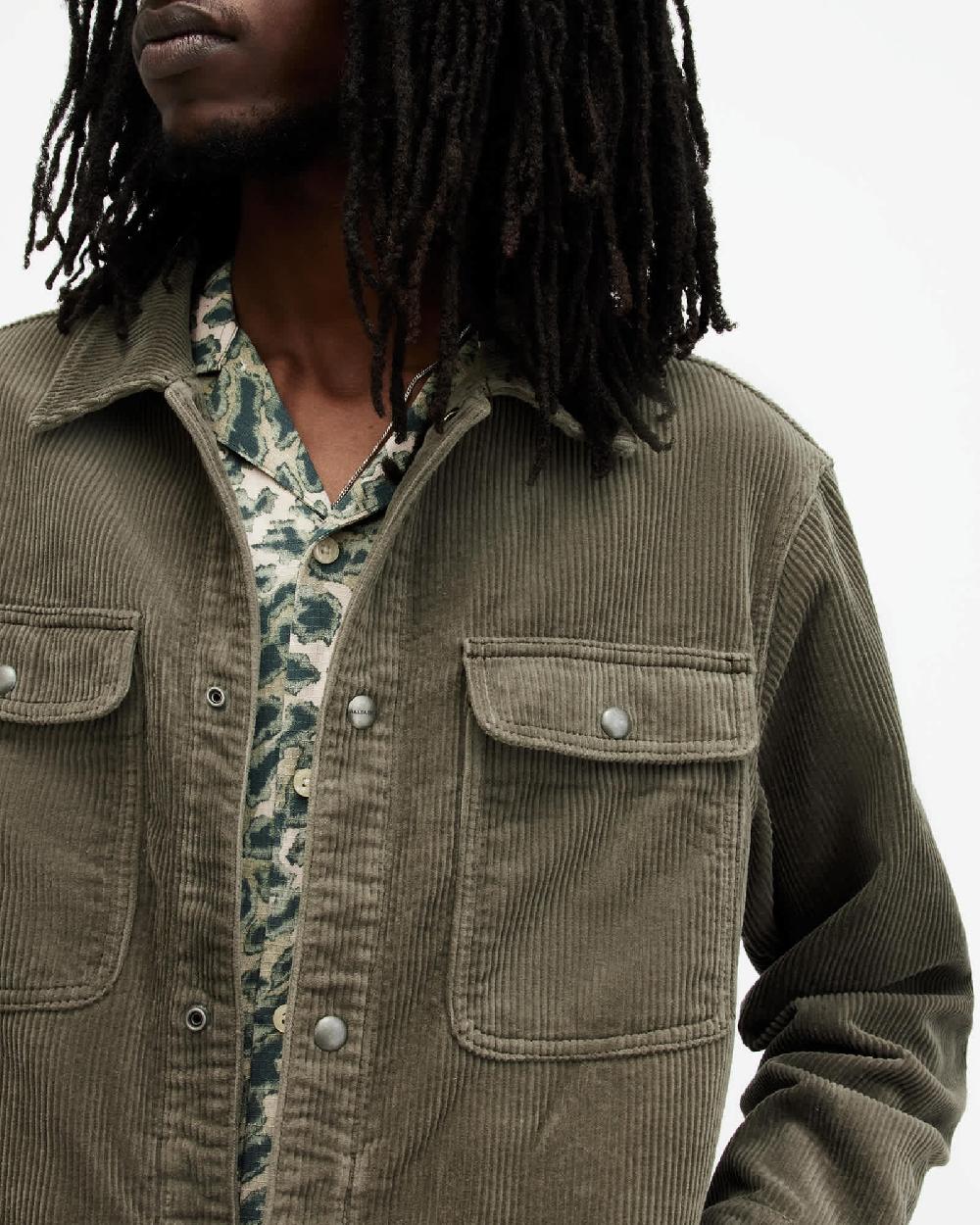 All Saints Castleford Corduroy Relaxed Overshirt Khaki Green