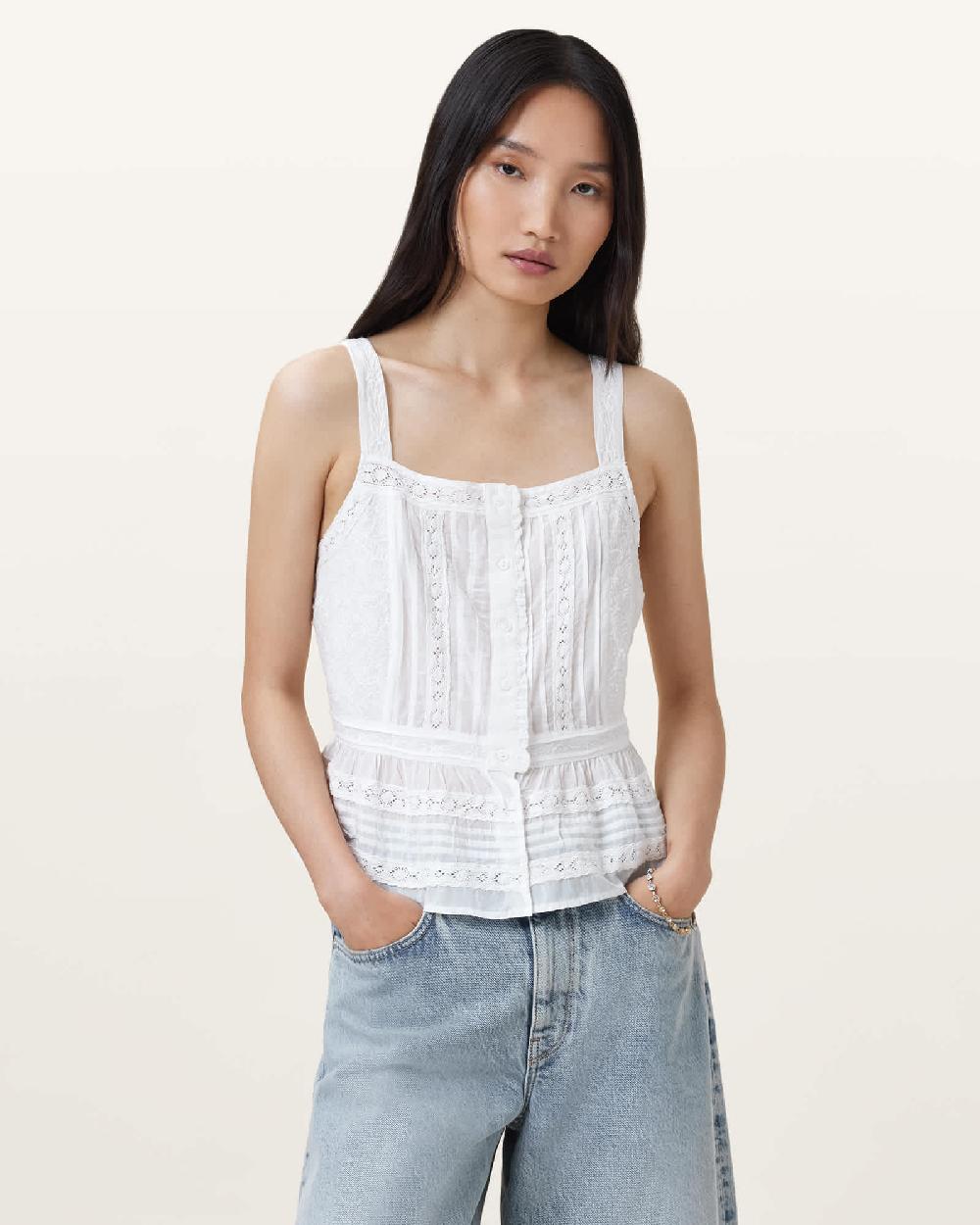 All Saints Catalina Square Neck Broderie Top Off White