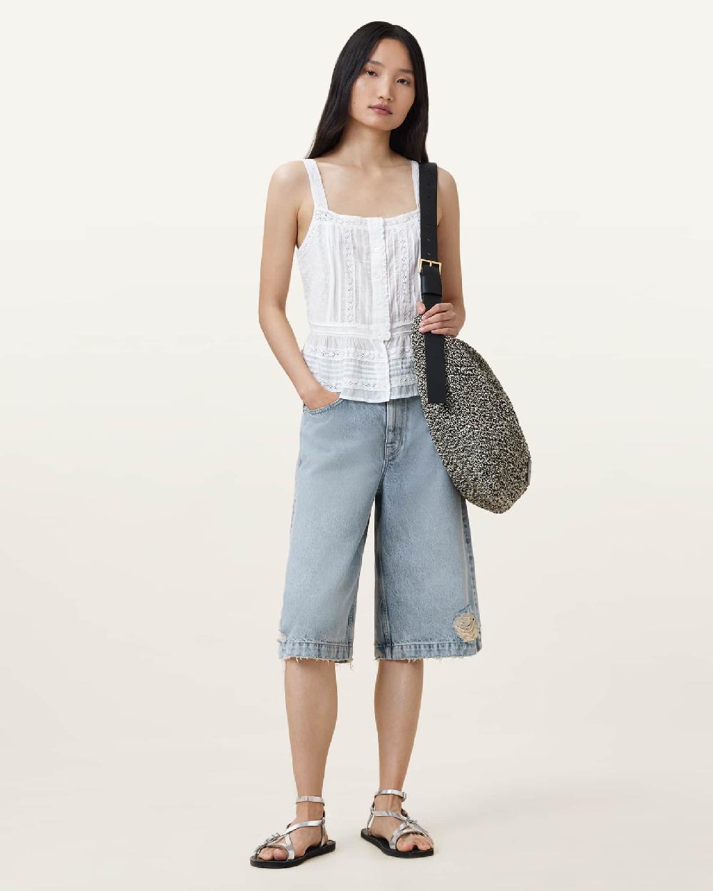 All Saints Catalina Square Neck Broderie Top Off White