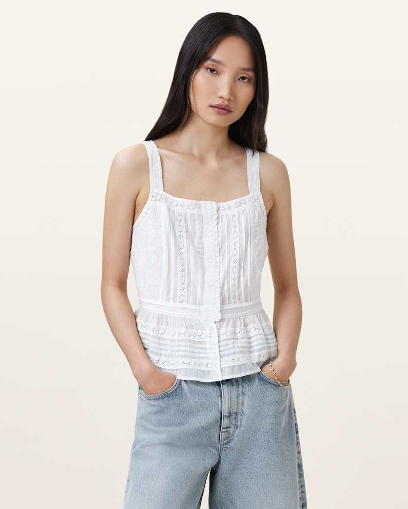 all saints Catalina Square Neck Broderie Top Off White