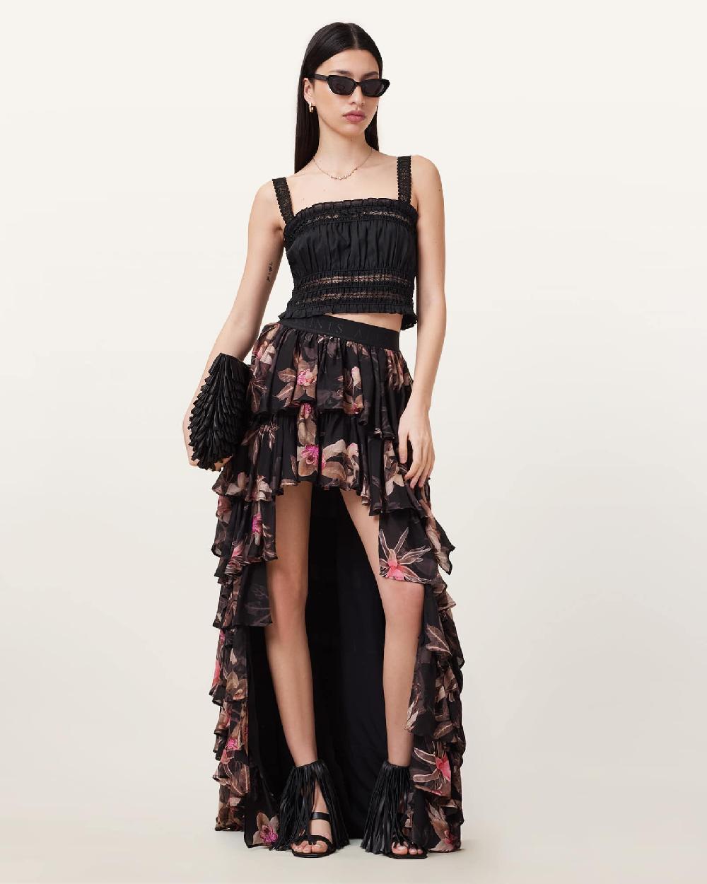 All Saints Cavarly Floral Print Maxi Skirt Adena Black