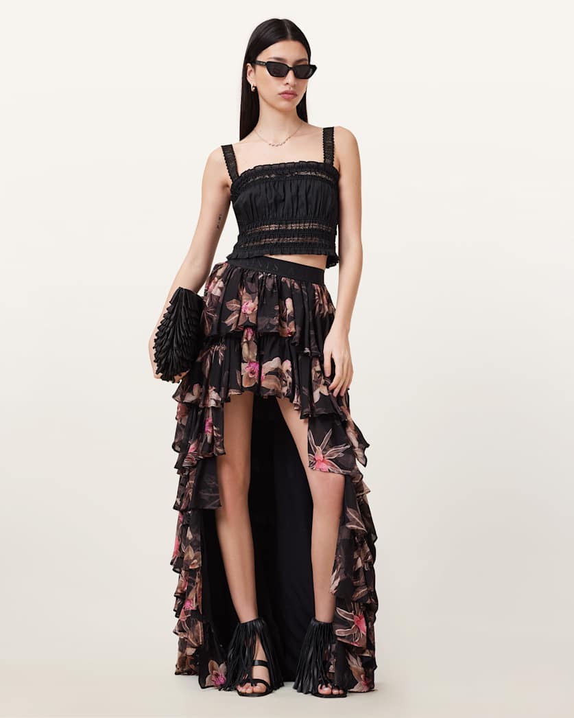 all saints Cavarly Floral Print Maxi Skirt Adena Black
